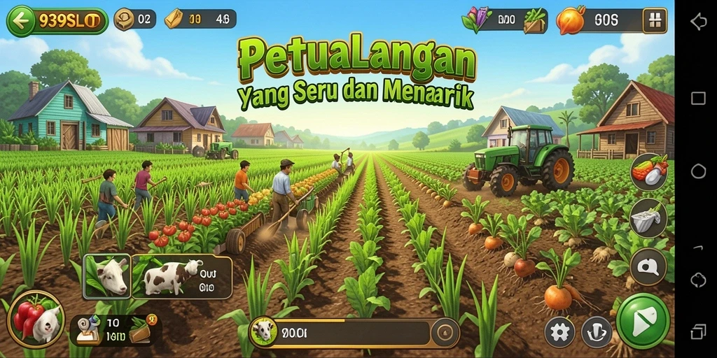 Tampilan gameplay seru di 9399SLOT dengan aktivitas bertani.