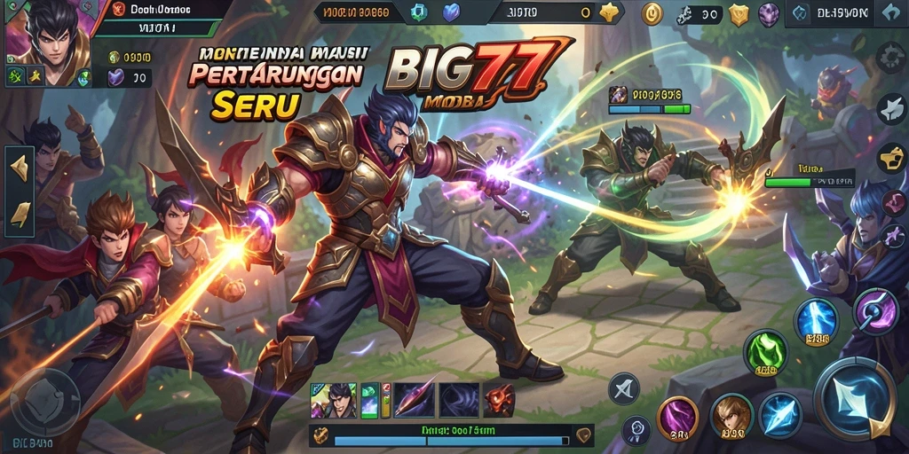 Menampilkan momen aksi epik dalam permainan BIG77 MOBA.