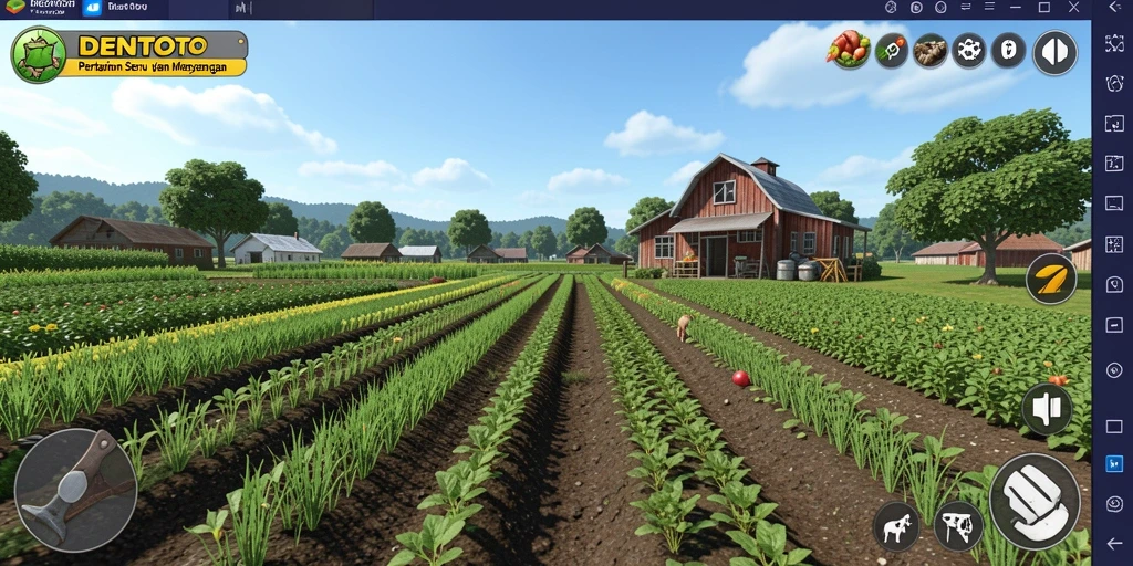 Screenshot gameplay DENTOTO menunjukkan kebun yang rimbun dan hewan ternak.