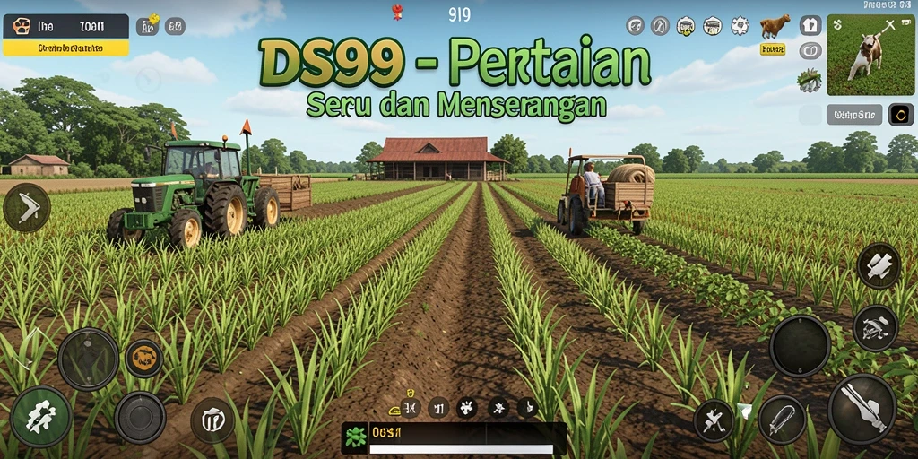 Screenshot gameplay DS99 menampilkan ladang yang subur dan berbagai tanaman menarik.