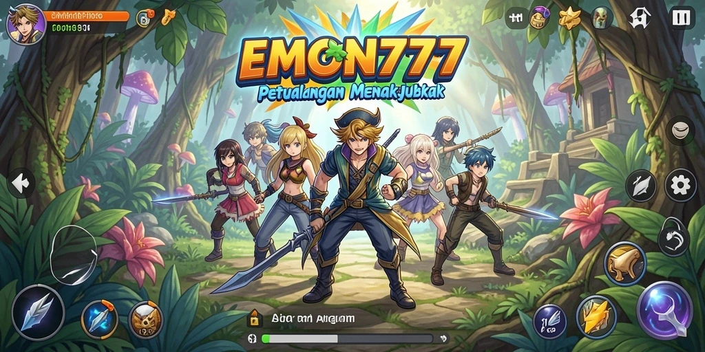 Tampilan gameplay dinamis dari EMON777 yang menampilkan karakter anime ikonik.