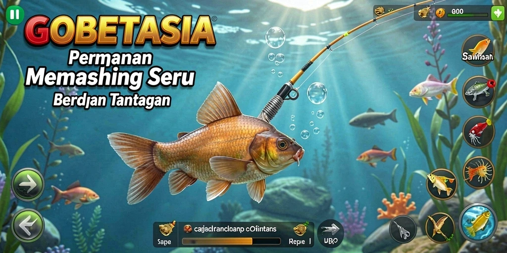 Screenshot gameplay GOBETASIA menampilkan momen mendebarkan saat menangkap ikan di danau.