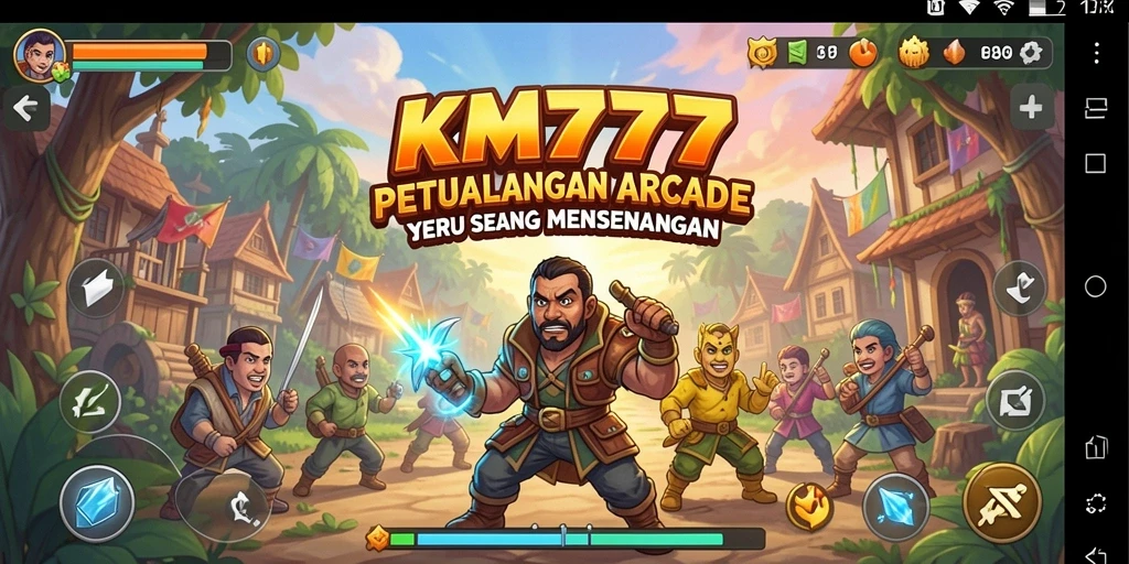 Screenshot utama KM777 menampilkan gameplay Arcade yang dinamis dan menarik.